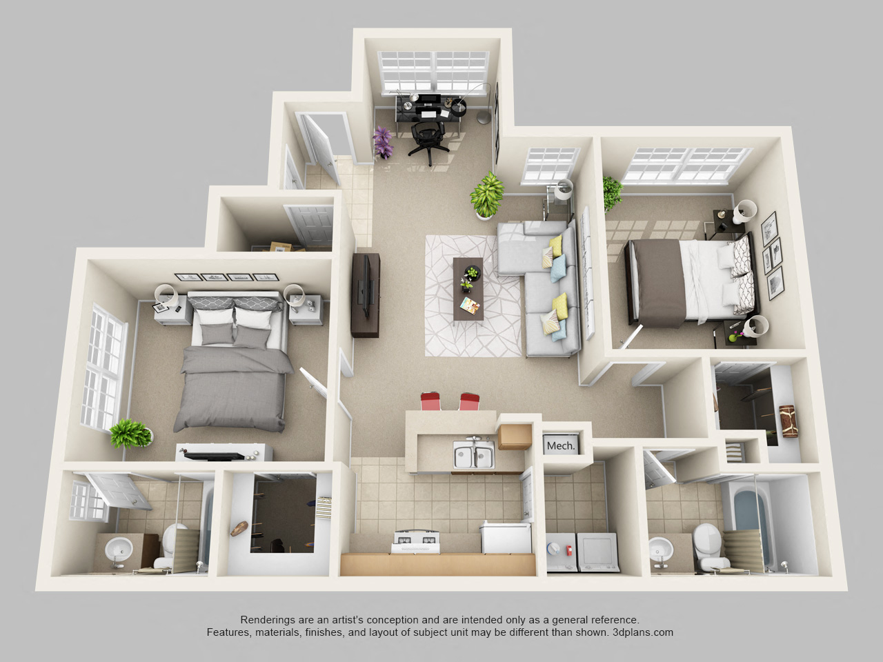Floor plan for 2 beds, 2 baths, 1074 sqft